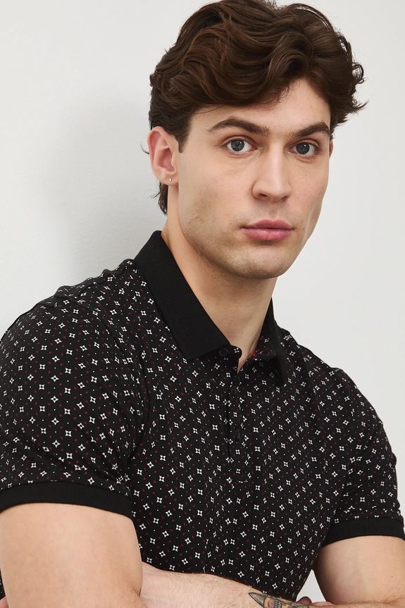 Bavlnené polo tričko pánske s elastanom a s drobným vzorom čierna RW25-POM010