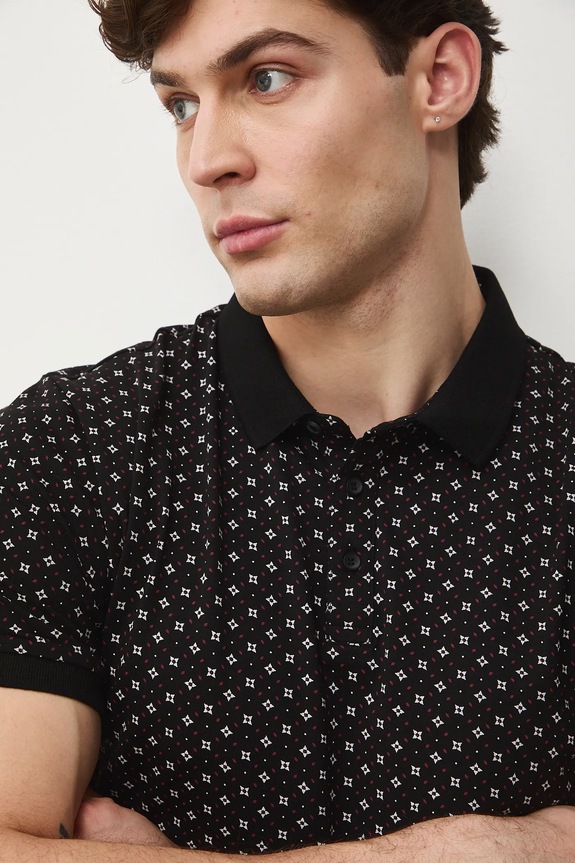 Bavlnené polo tričko pánske s elastanom a s drobným vzorom RW25-POM010 čierna