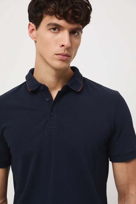 Bavlnené polo tričko pánske s elastanom zo štruktúrovanej pleteniny tmavomodrá RW25-POM030