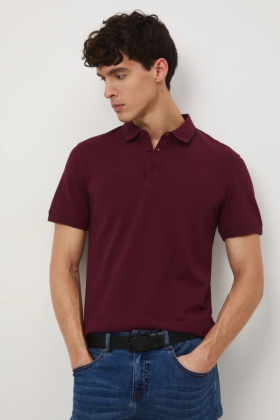Bavlnené polo tričko pánske s elastanom zo štruktúrovanej pleteniny RW25-POM030 burgundské RW25