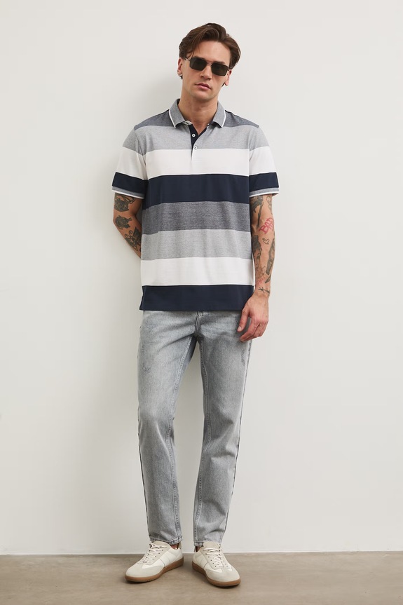 Polo męskie w pasy wzorzyste granatowy RW25-POM102