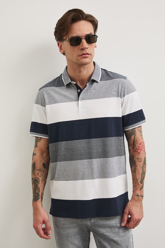 Polo męskie w pasy RW25-POM102 granatowy RS26