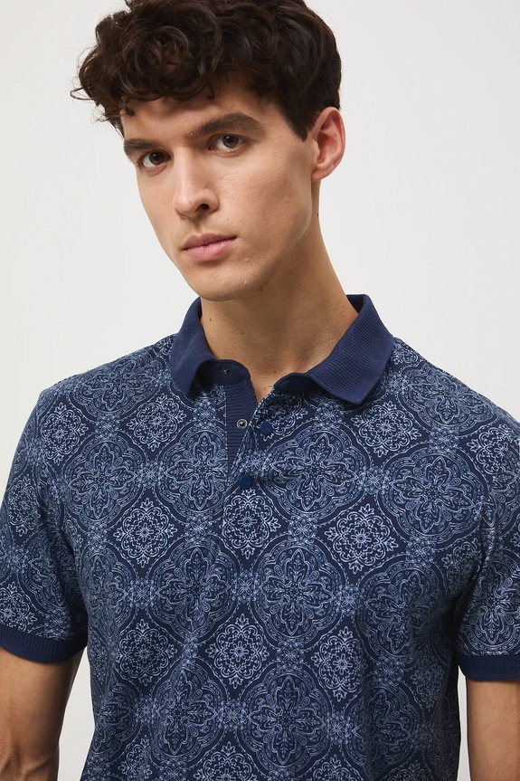 Bavlnené polo tričko vzorované s elastanom regular tmavomodrá RW25-POM303