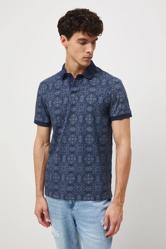 Bavlnené polo tričko vzorované s elastanom tmavomodrá RW25-POM303