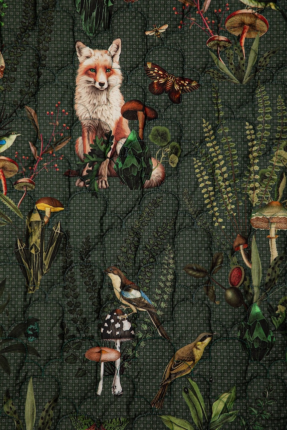 Bavlnený prehoz s rastlinnými a zvieracími motívmi zelená RW25-POU601