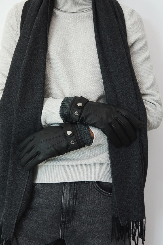 Kožené rukavice so sťahovacou šnúrkou usňová koža čierna RW25-REM707