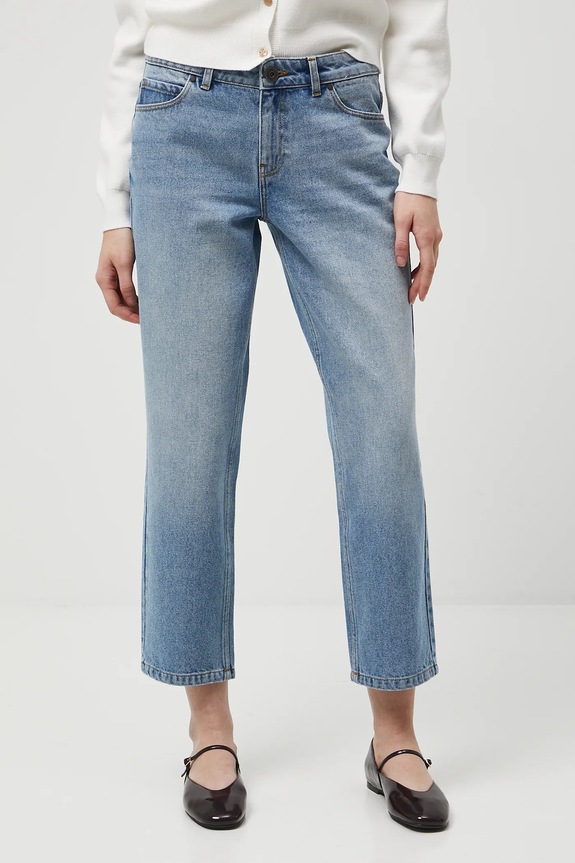 Jeansy bawełniane damskie boyfriend z efektem sprania niebieski RW25-SJD010