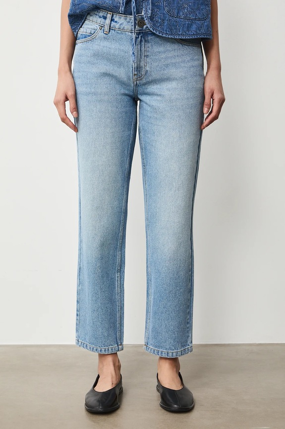 Odzież Jeansy bawełniane damskie boyfriend z efektem sprania RW25-SJD010 niebieski