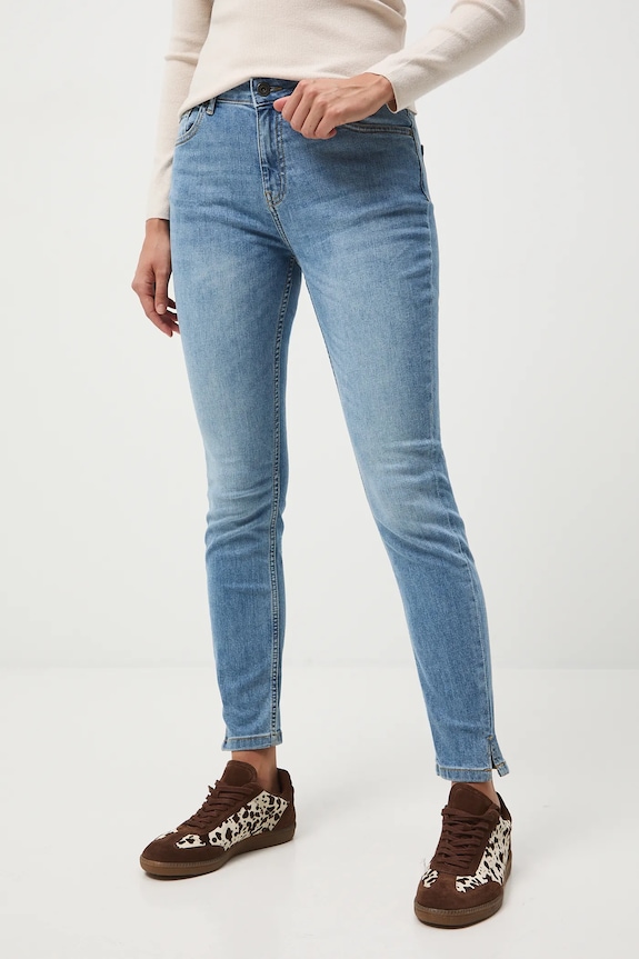 Jeansy damskie slim z efektem sprania niebieski RW25-SJD500