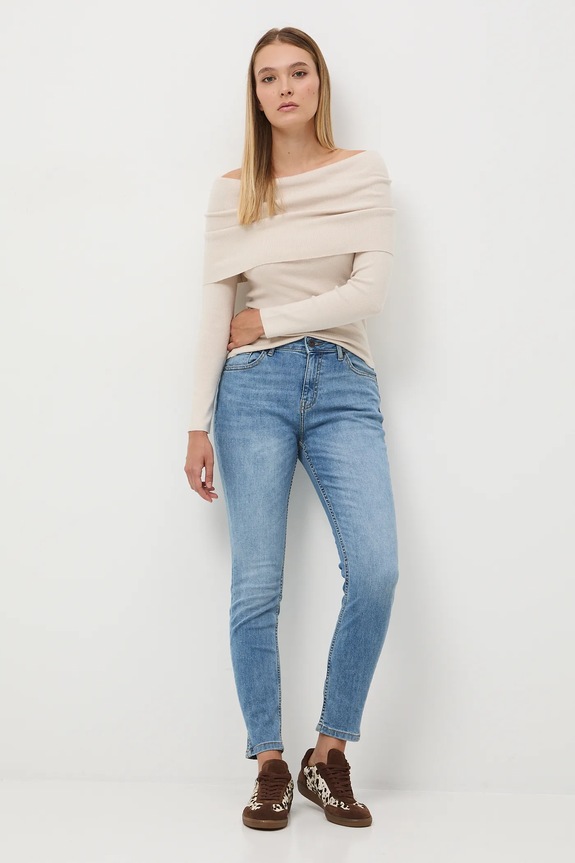 Jeansy damskie slim z efektem sprania RW25-SJD500 niebieski RW25