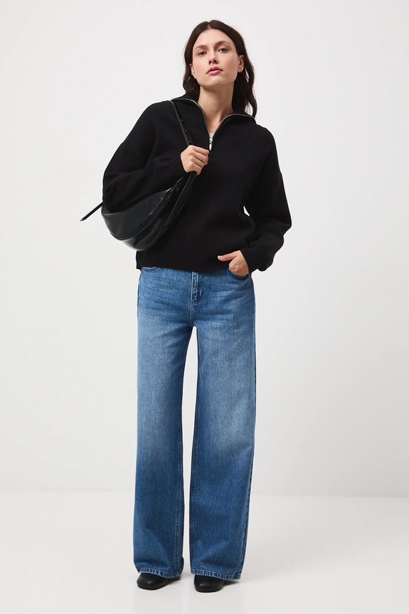 Jeansy bawełniane damskie wide leg z efektem sprania niebieski RW25-SJD510
