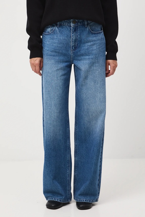 Jeansy bawełniane damskie wide leg z efektem sprania RW25-SJD510 niebieski RW25