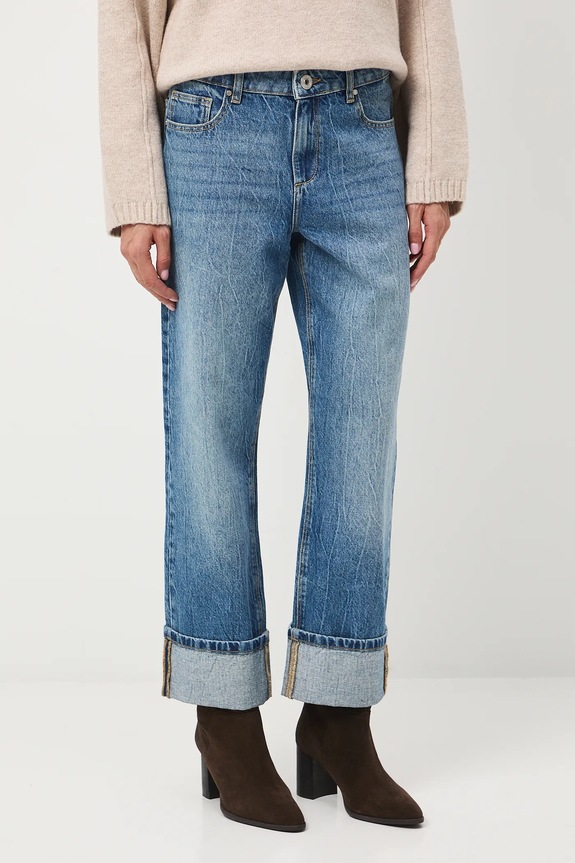 Jeansy bawełniane damskie straight z efektem sprania niebieski RW25-SJD602