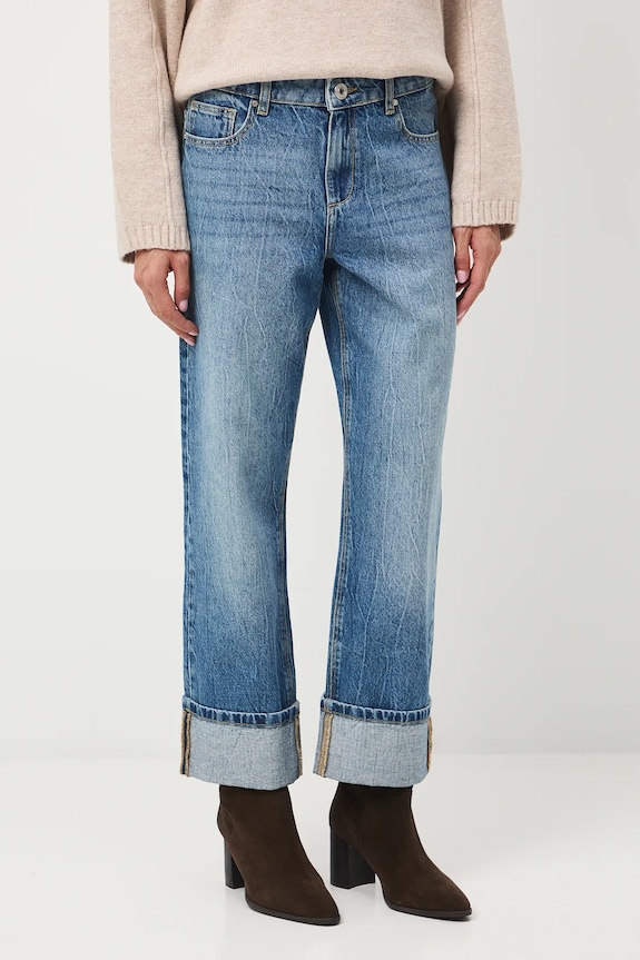 Jeansy bawełniane damskie straight z efektem sprania niebieski RW25-SJD602