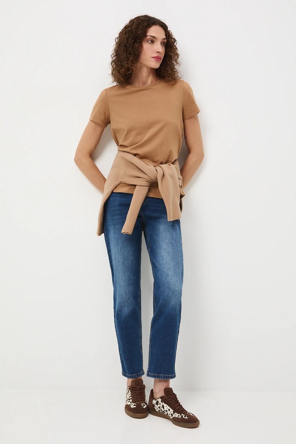 Jeansy damskie mom fit z efektem sprania granatowy RW25-SJD606