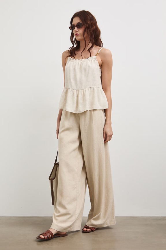 Spodnie damskie wide leg z lnem high beżowy RW25-SPD101