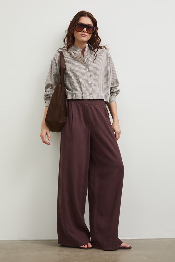 Spodnie damskie wide leg z lnem high brązowy RW25-SPD101