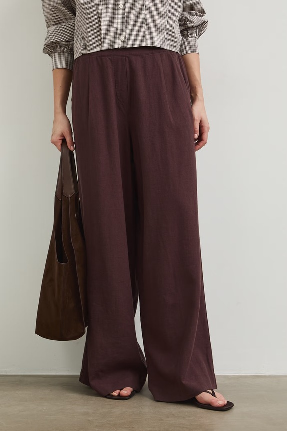 Spodnie damskie wide leg z lnem RW25-SPD101 brązowy RS26