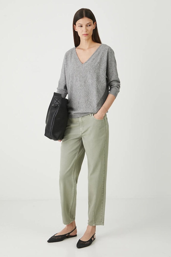 Jeansy bawełniane damskie slouchy z efektem sprania Basic zielony RW25-SPD202