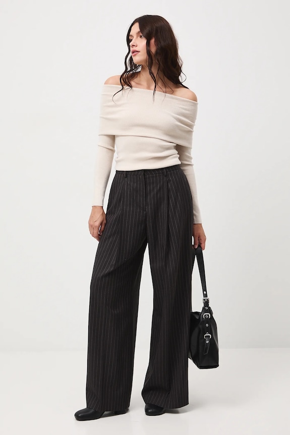 Spodnie z domieszką wełny damskie wide leg z domieszką wełny szary RW25-SPD500