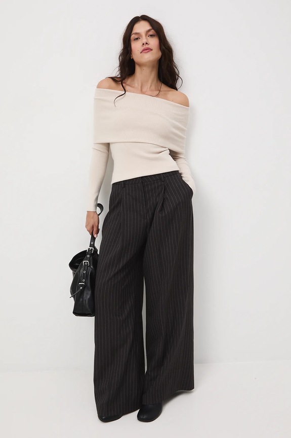 Spodnie z domieszką wełny damskie wide leg szary RW25-SPD500