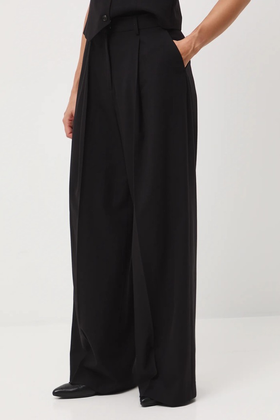 Spodnie z domieszką wełny damskie wide leg czarny RW25-SPD500