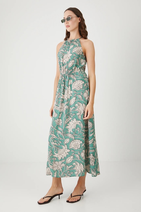 Sukienka damska maxi wzorzysta z wiskozy wzorzyste turkusowy RW25-SUD015