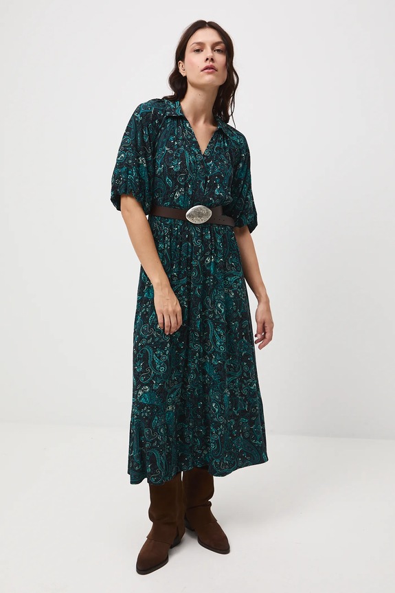Šaty dámske vzorované z viskózy midi midi tyrkysová RW25-SUD054