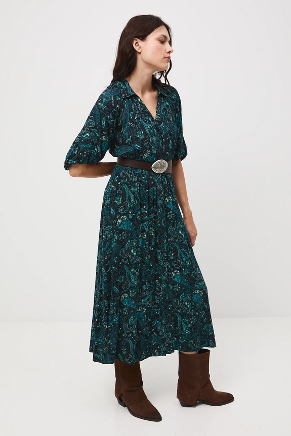 Šaty dámske vzorované z viskózy midi RW25-SUD054 tyrkysová RW25
