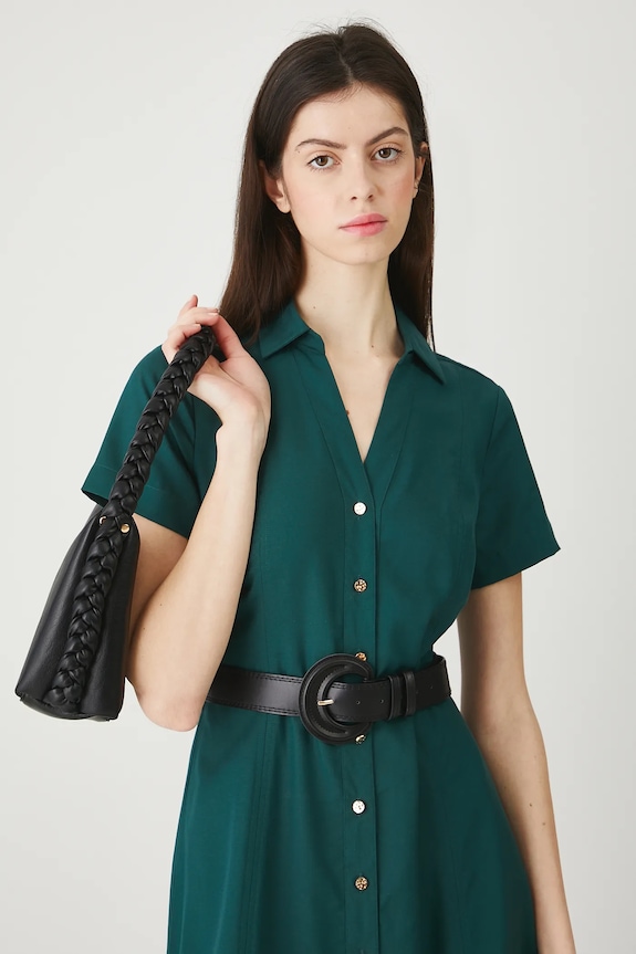 Sukienka z domieszką lnu damska midi z paskiem zielony RW25-SUD104