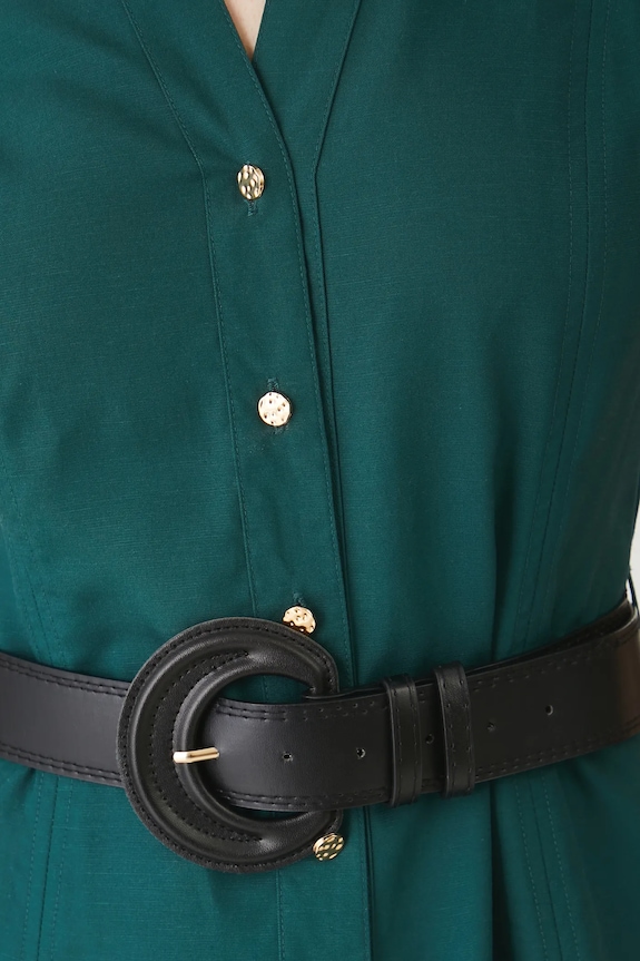 Sukienka z domieszką lnu damska midi z paskiem RW25-SUD104 zielony