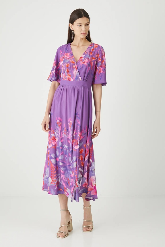 Sukienka damska maxi wzorzysta z wiskozy rozkloszowany multicolor RW25-SUD206