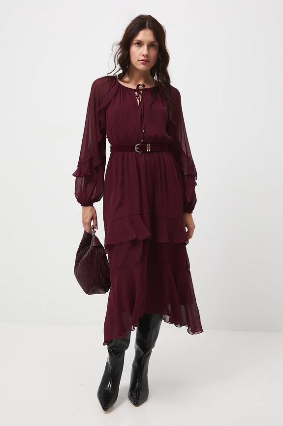 Šaty dámske midi s volánikmi midi burgundské RW25-SUD500