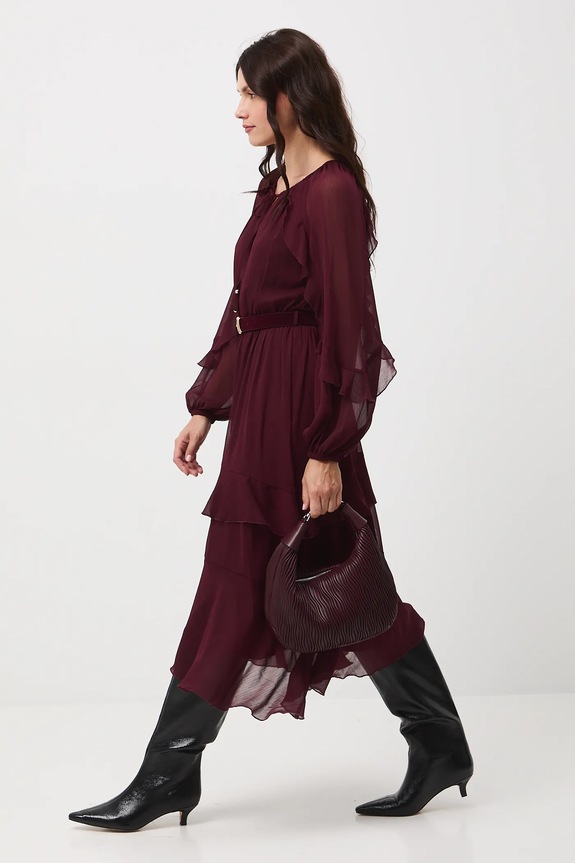 Šaty dámske midi s volánikmi burgundské RW25-SUD500