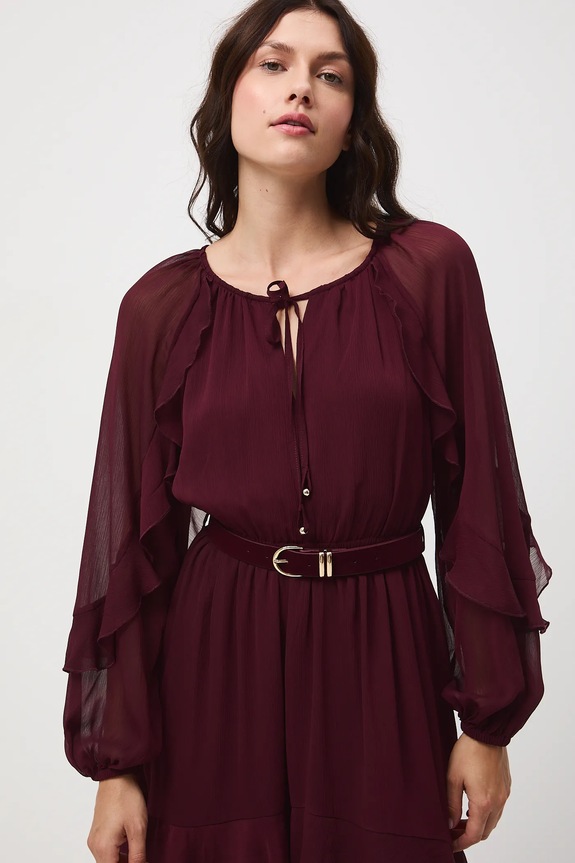 Šaty dámske midi s volánikmi RW25-SUD500 burgundské