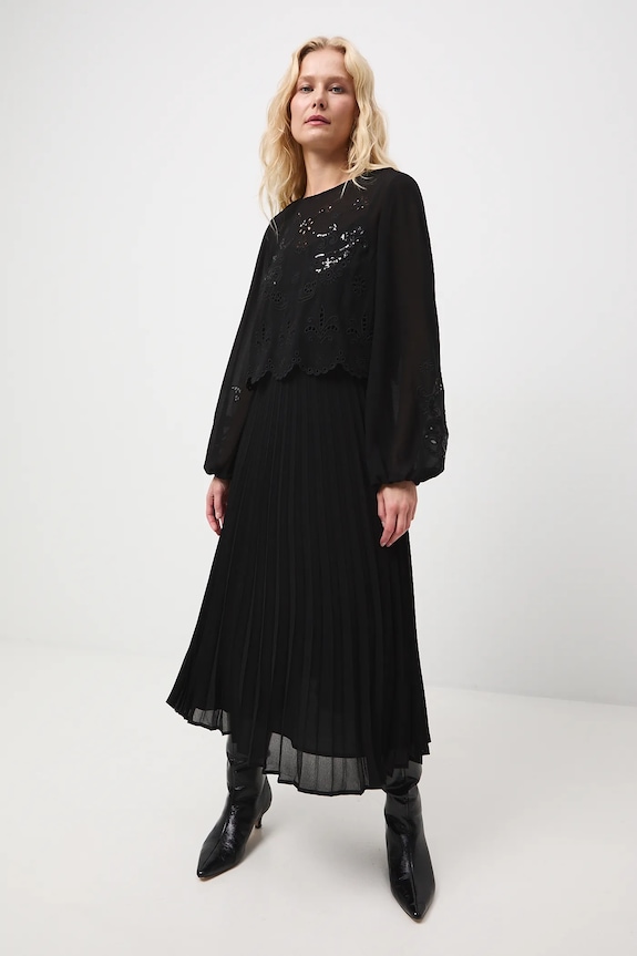 Dwuczęściowa sukienka midi plisowana aplikacja czarny RW25-SUDA04