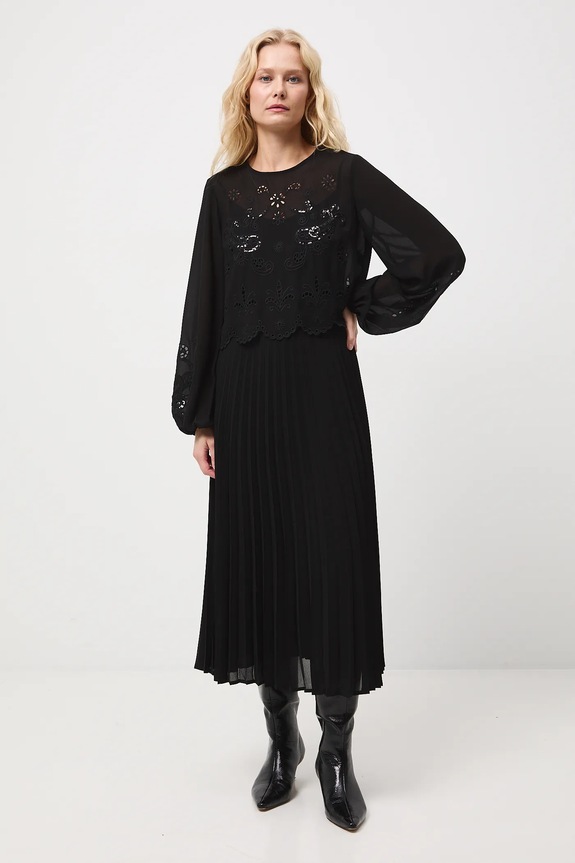 Dwuczęściowa sukienka midi plisowana RW25-SUDA04 czarny RW25