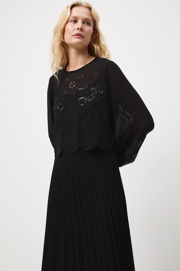 Dwuczęściowa sukienka midi plisowana RW25-SUDA04 czarny