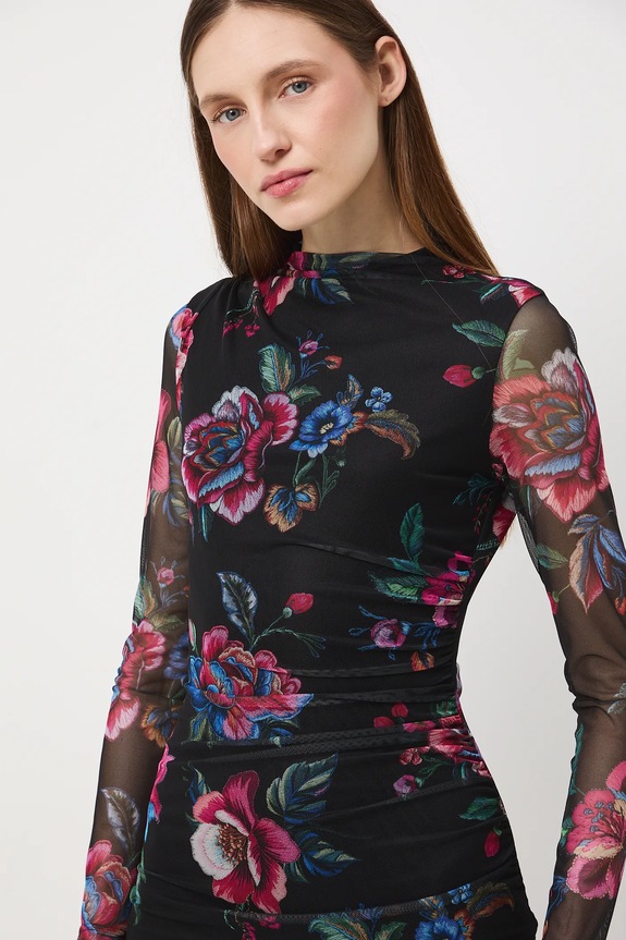 Šaty dámske midi so vzorom rastlín čierna RW25-SUDB05