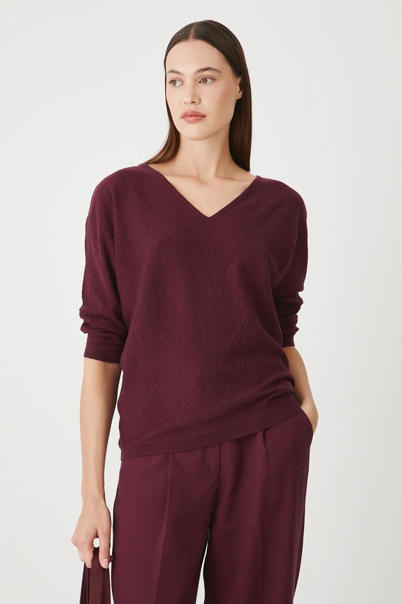 Sweter damski ażurowy z wiskozą pozostałe bordowy RW25-SWD020