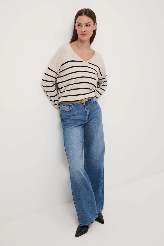 Sweter damski z wiskozą w pasy RW25-SWD034 beżowy RW25