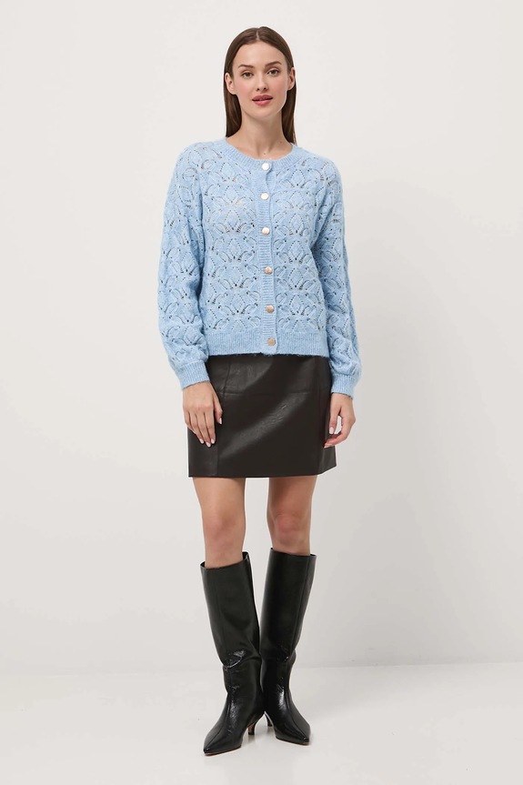 Kardigán dámsky ažúrový s prímesou vlny jednofarebný modrá RW25-SWD301