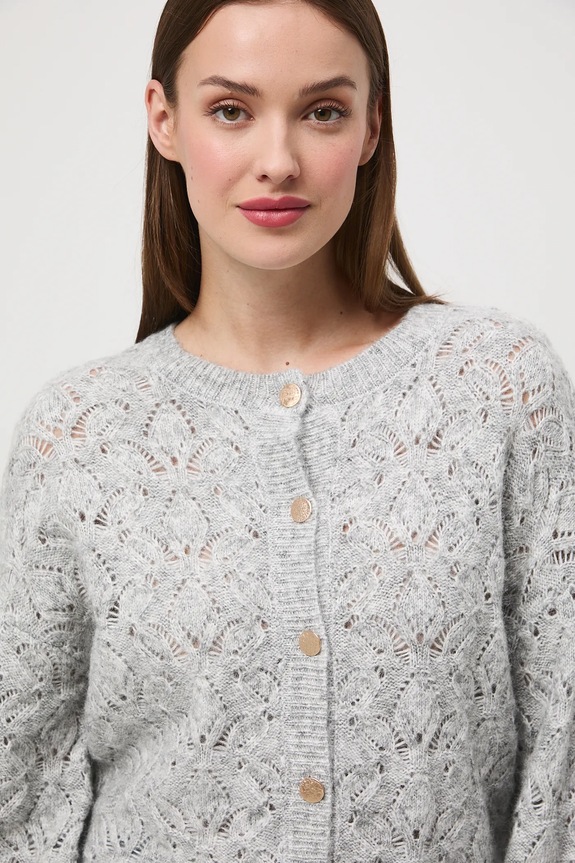 Kardigan damski ażurowy z domieszką wełny szary RW25-SWD301