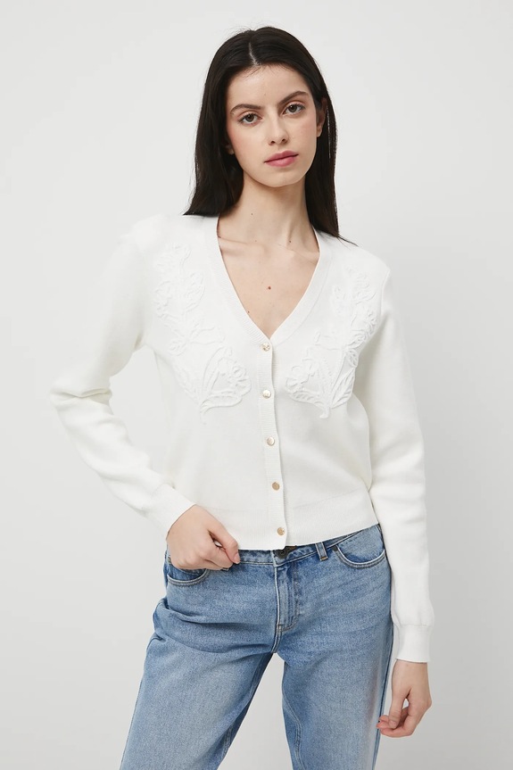 Kardigán dámsky s ozdobnou aplikáciou V výstrih béžová RW25-SWD303