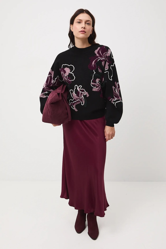 Sweter damski w kwiaty z fakturą RW25-SWD500 czarny RW25