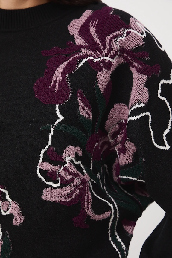 Sweter damski w kwiaty z fakturą RW25-SWD500 czarny