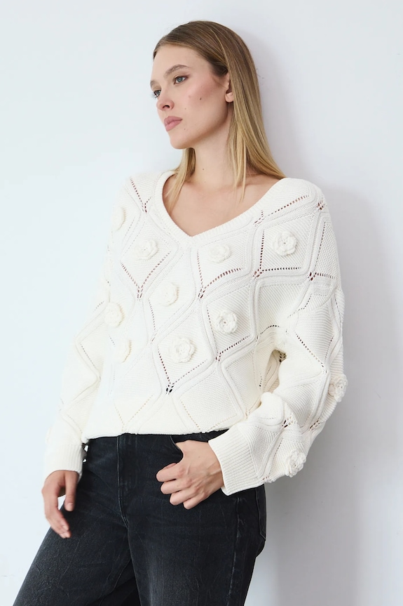 Sweter damski ażurowy z aplikacją średniej grubości beżowy RW25-SWD502