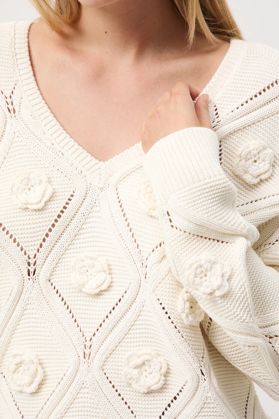 Sweter damski ażurowy z aplikacją RW25-SWD502 beżowy