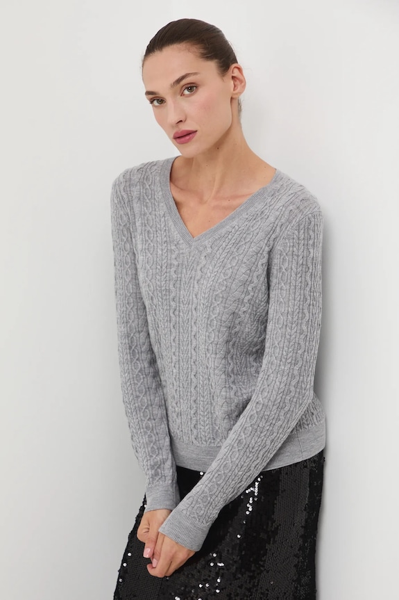 Sweter z wełny merino z warkoczowym splotem cienka szary RW25-SWD813