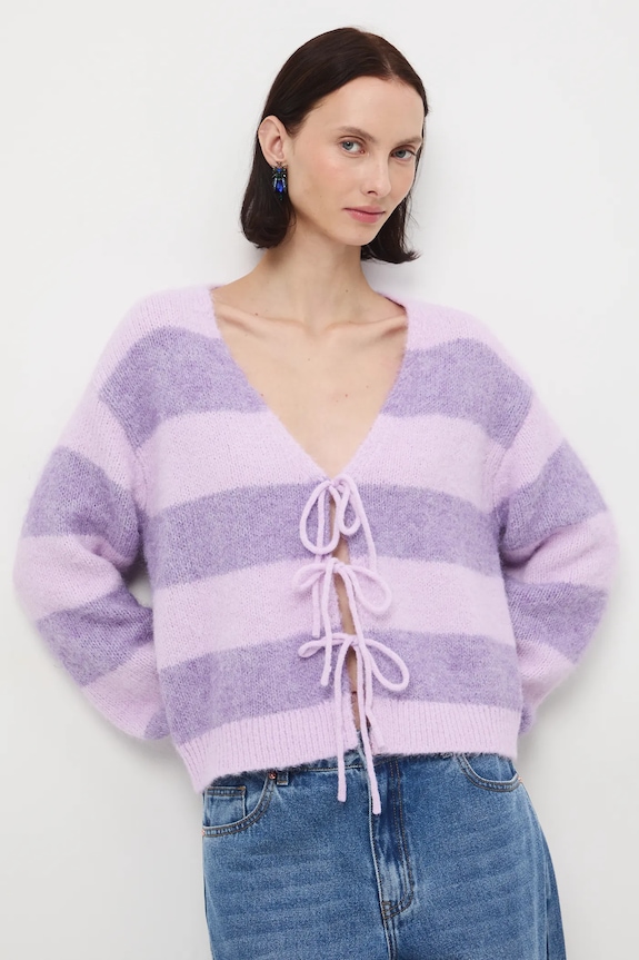 Kardigan damski z domieszką wełny gruba fioletowy RW25-SWD901